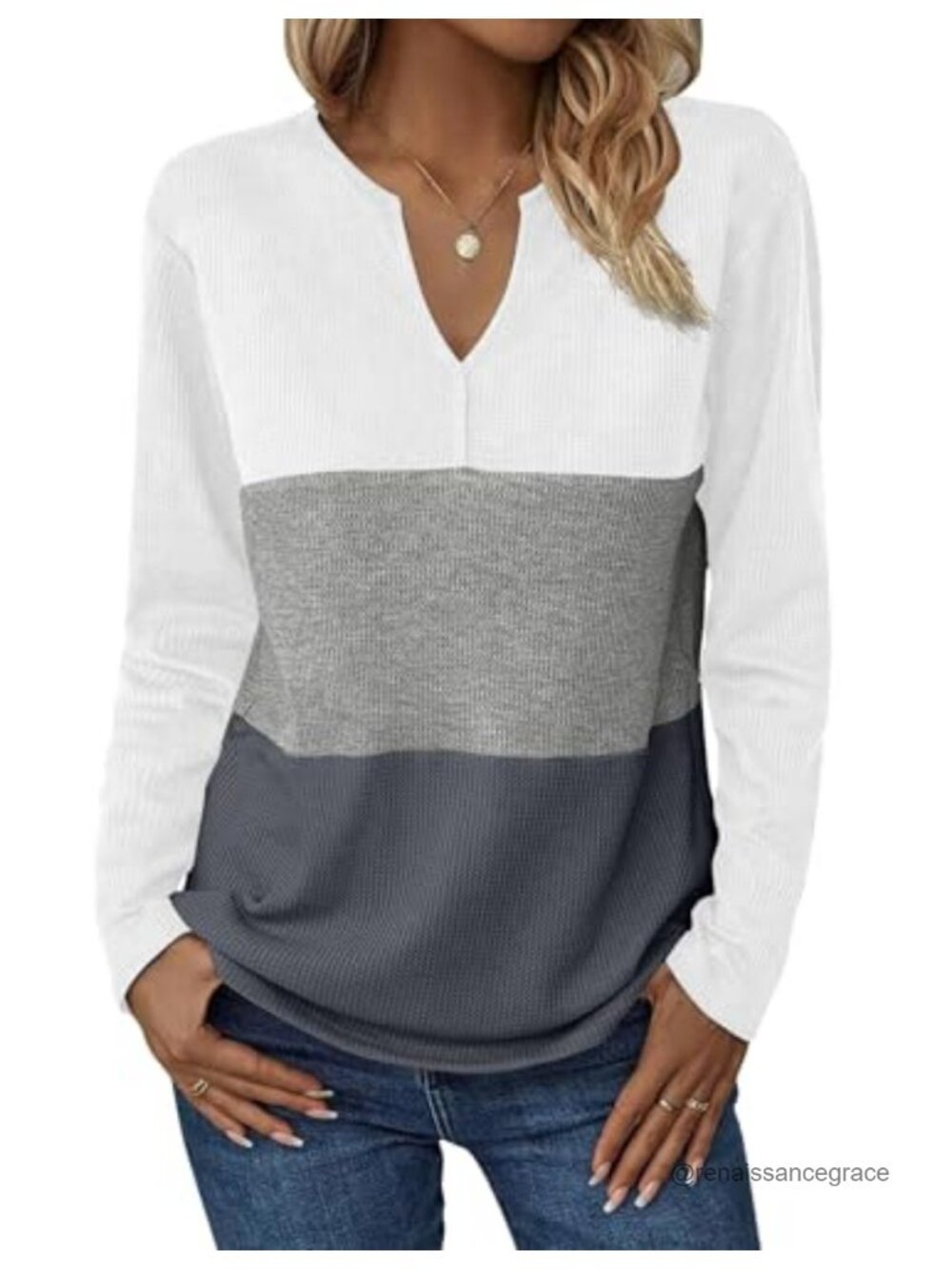 Waffle Knit Long Sleeve V-Neck Tunic Top Casual Pullover